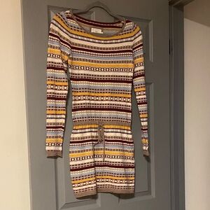 Striped Yellow Blue Burgundy Knit Sweater Dress with Drawstring Waist L.O.G.G.